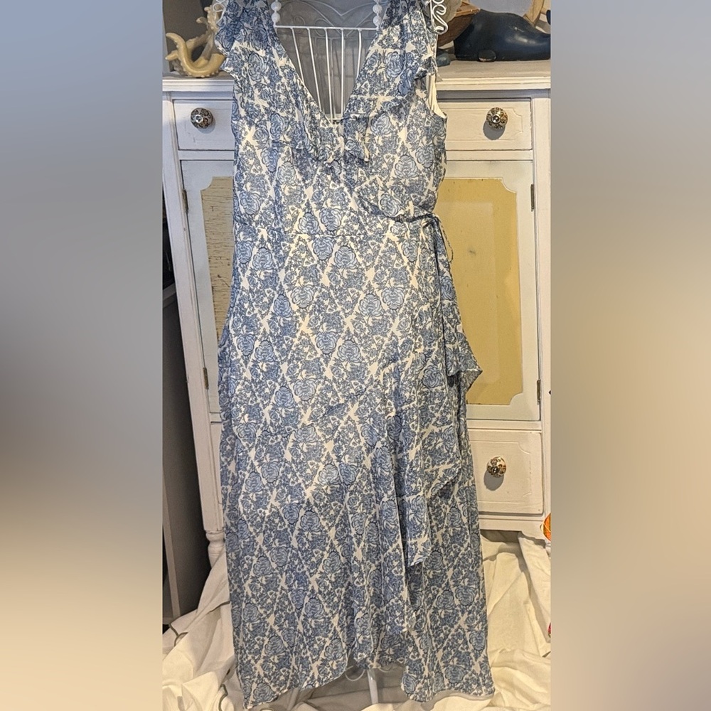 LC Lauren Conrad White Satin Maxi Dress with Embroidered Yoke
